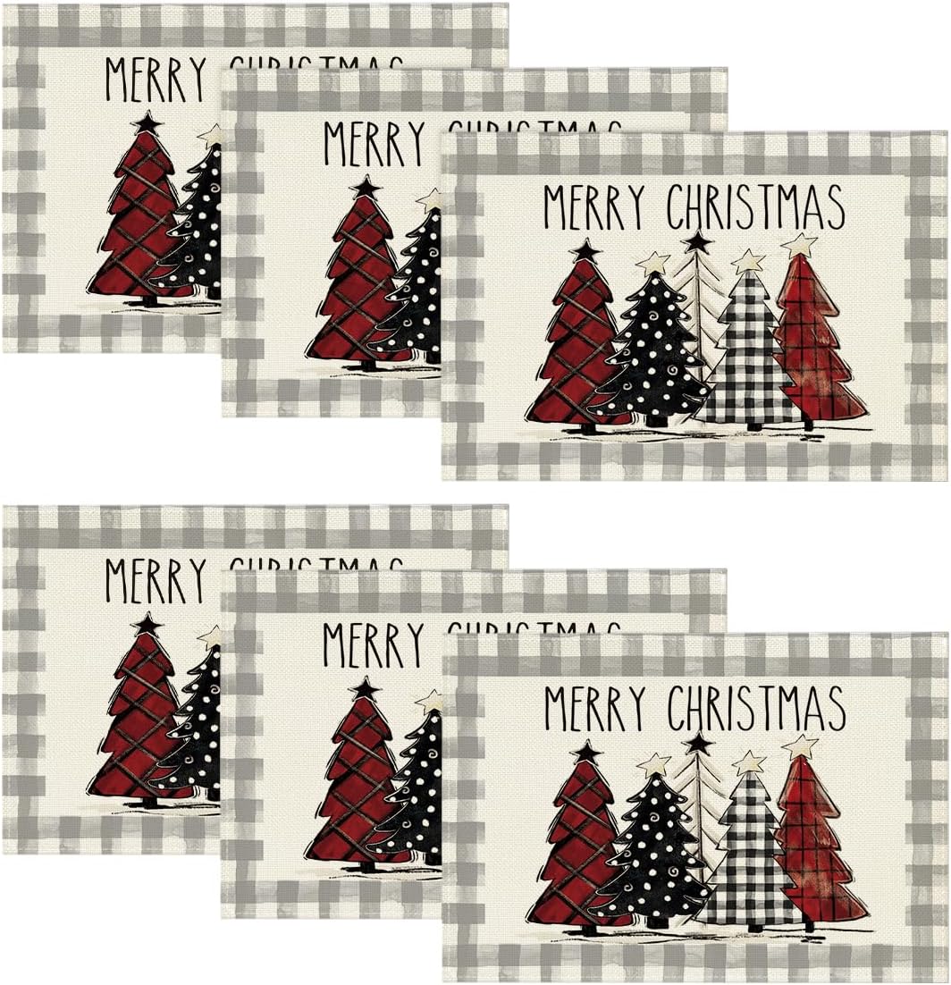 Artoid Mode Waterclor Buffalo Plaid Christmas Trees Placemats Set of 4, 12x18 Inch Winter Table Mats for Outdoor Home Party Kitchen Dining Decor