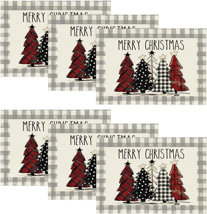 Artoid Mode Waterclor Buffalo Plaid Christmas Trees Placemats Set of 4, 12x18 Inch Winter Table Mats for Outdoor Home Party Kitchen Dining Decor