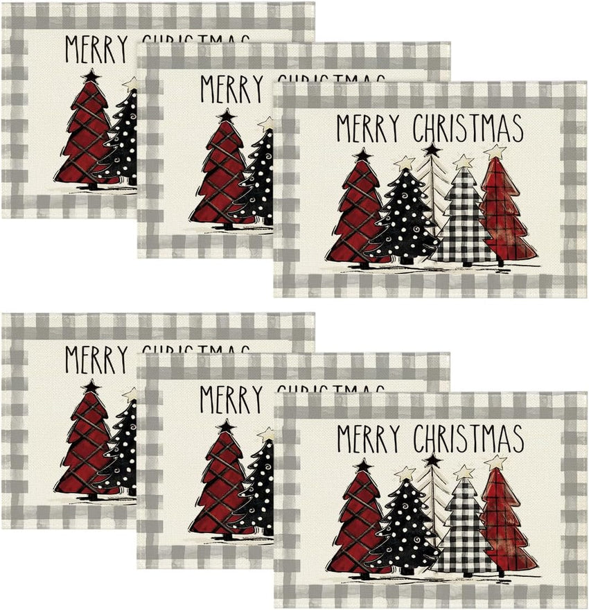Artoid Mode Waterclor Buffalo Plaid Christmas Trees Placemats Set of 4, 12x18 Inch Winter Table Mats for Outdoor Home Party Kitchen Dining Decor