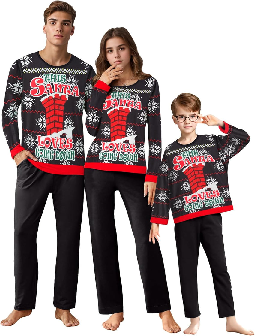 IFFEI Matching Family Pajamas Sets Christmas PJ's Letter Print Top and Plaid Bottom Sleepwear Jammies with Pockets