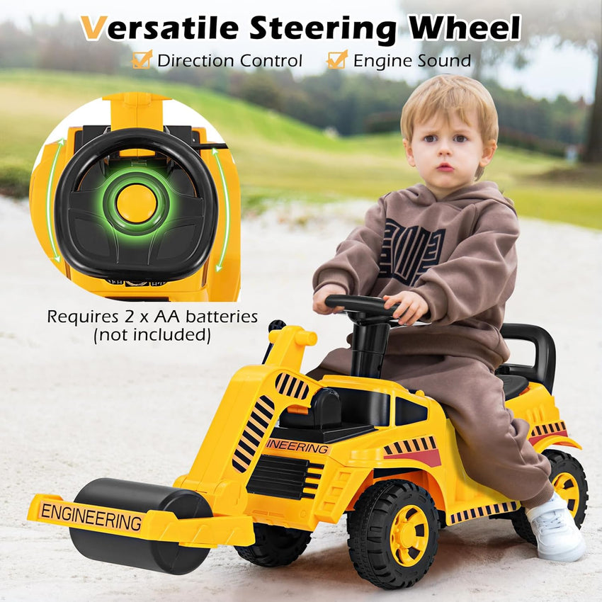 HONEY JOY Ride On Road Roller, Ride On Push Car for Toddlers, Adjustable Arm, Sound, Under-Seat Storage, Outdoor Ride on Construction Vehicle for Kids, No Power Ride On Toy for Boys Girls, Yellow