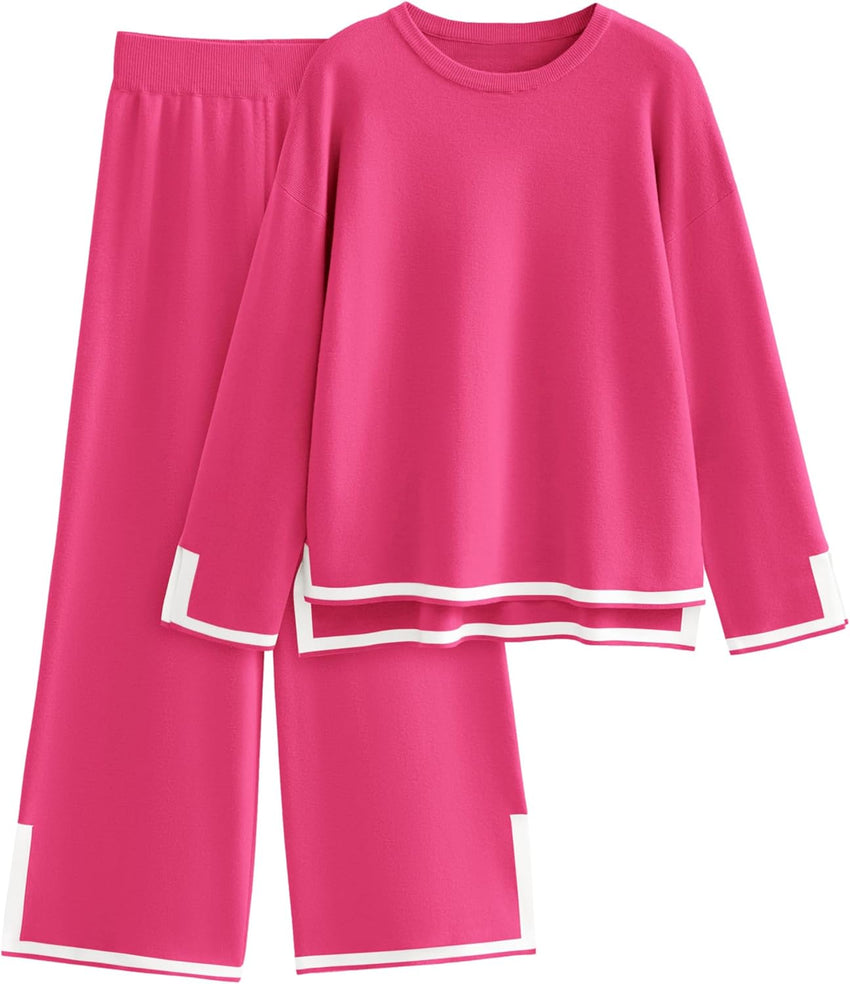 Tanming Women's 2 Piece Outfits Long Sleeve Knit Sweater Top Wide Leg Pants Lounge Sets Tracksuits