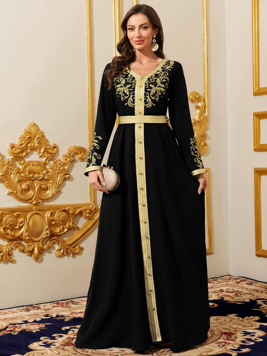 Elegant Muslim Dress with Gold Embroidered Evening Gown, Traditional Islamic Attire