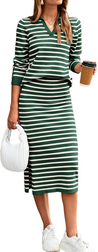 Glamaker Womens 2 Piece Skirt Sets Striped Sweater Dress Casual Polo Neck Knit Long Sleeve Midi Dresses Fall Fashion Outfits