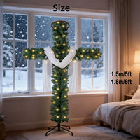Christmas Tree Shaped Like a Cross, Foldable Cross Christmas Tree, Pre-Lit Artificial Pine Christmas Cross, with Light String, White Scarves and Wooden Rattan Ring, Large Christmas Decorations(5ft)