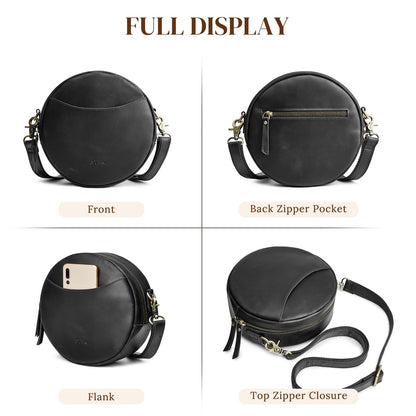S-ZONE Leather Crossbody Bags for Women Circle Shoulder Round Purse Travel | Top Grain Leather, Keychain, Designer Handbag, Vintage, Multi Pockets, Detachable Strap, Eveyday Outing
