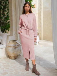 EXLURA Womens 2 Piece Skirts Set Fall Airport Drawstring Sweatshirts Midi Skirt Dress Lounge Sets Travel Outfits Winter 2025