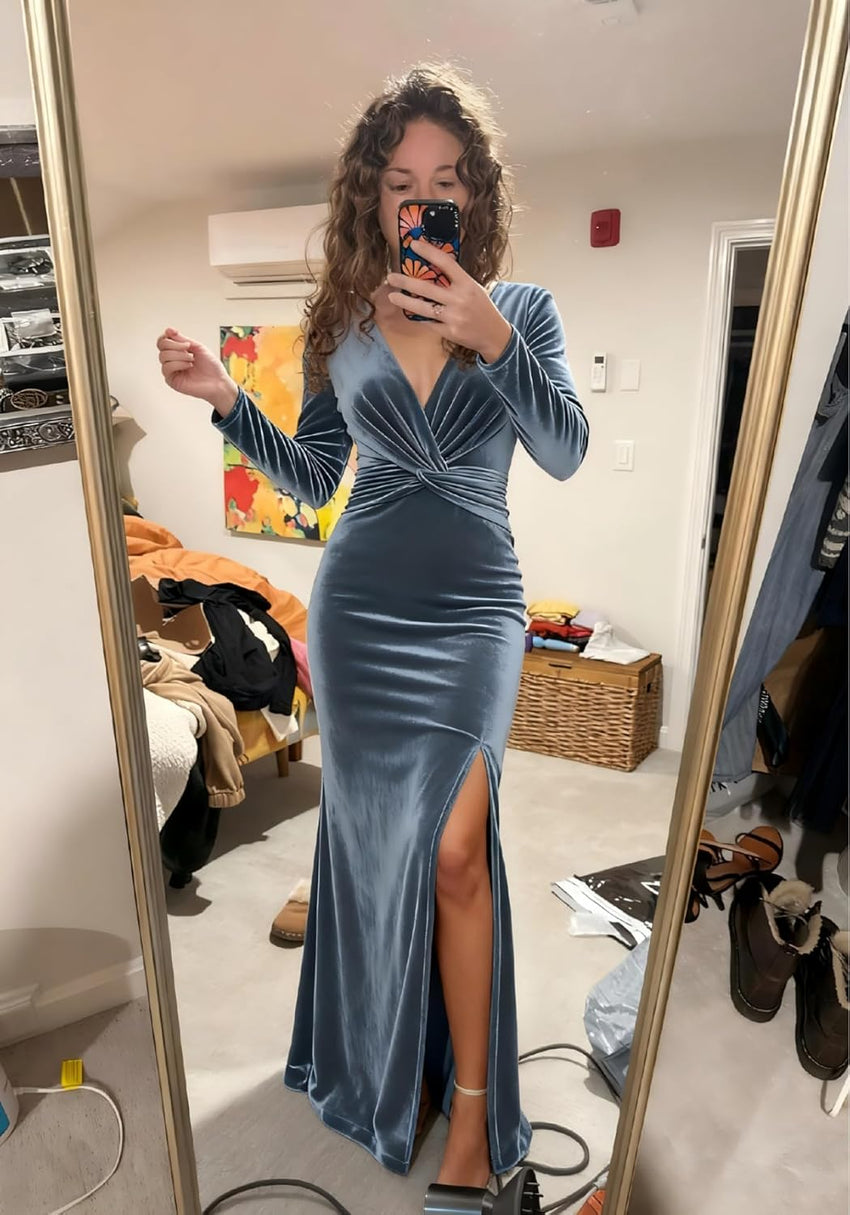 2026 V Neck Long Sleeve Bridesmaid Dresses for Women Velvet Pleated Corset Formal Gown SH005