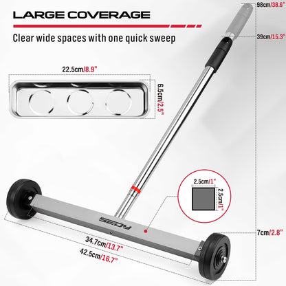 Magnet Sweeper Magnetic Nail Roller: 17-Inch Heavy Duty Magnet Nail Pickup Rolling Tool with Telescoping Adjustable Handle 8.8-Pound Capacity Ideal for Workshop Garage Yard Construction Cleanup