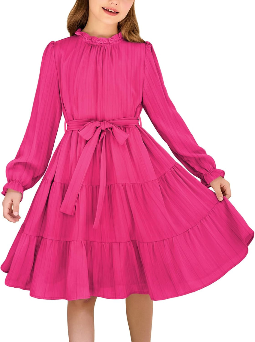 Arshiner Girls Long Sleeve Dress Tween Fall Formal Party Holiday Midi Tiered Flowy Swing Dresses with Belt 5-13 Y