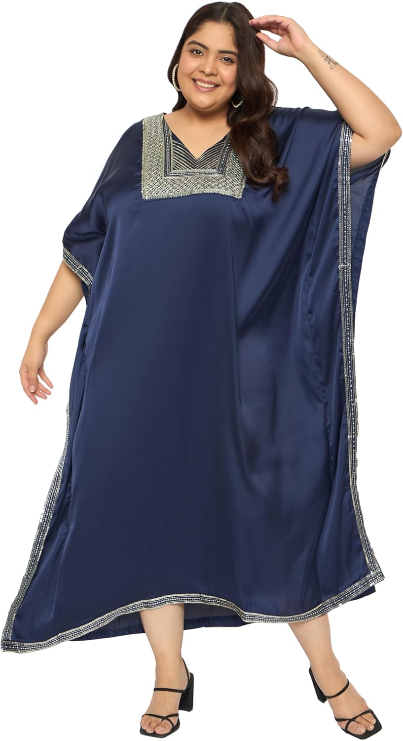 Gypsie Blu Women’s Plus Size Satin Sequin Kaftan Dress with Kimono Sleeves Casual Resort Wear Stylish Loose Fit Evening Dress