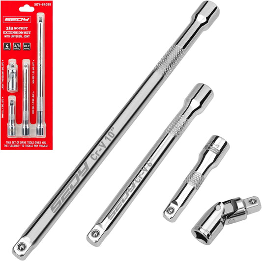 4-Piece 3/8" Drive Socket Extension Bar Set, Professional Socket Extension Set Include 3, 6, and 10 Inch Extensions and 3/8 Inch drive Universal Joint Sockets, Premium Cr-V Steel Construction
