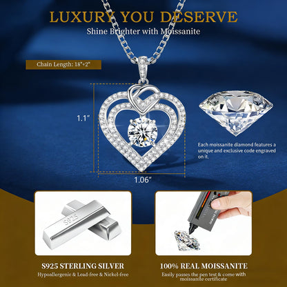 Luxury Moissanite Heart Necklace for Women – 925 Sterling Silver Heart Pendant, Sparkling Jewelry Gift for Wife, Girlfriend, Mom & Daughter