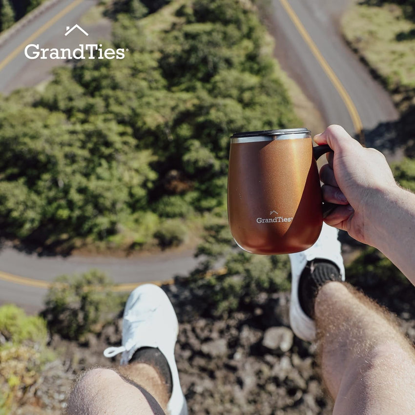 GRANDTIES Insulated Coffee Mug with Handle–Sliding Lid for Splash-Proof 16oz Wine-Glass Shape Thermal Tumbler with Double Walled Vacuum Stainless Steel to Keeps Beverages Hot or Cold-Cognac Metallic