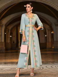 Elegant Floral Embroidered Kaftan Maxi Dress, Handcrafted Abaya 3/4 Sleeve with Gold Trim, V-Neck, Light Blue