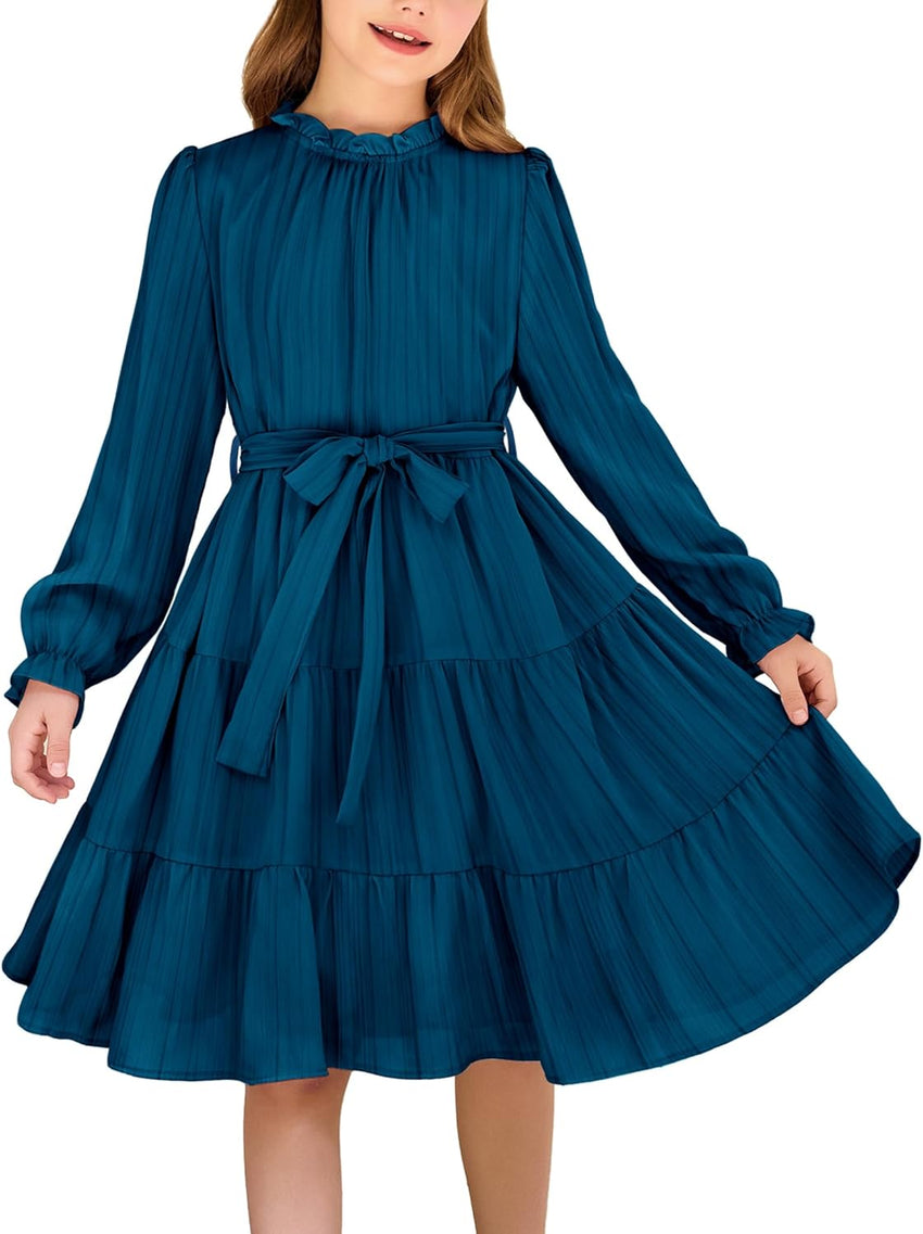 Arshiner Girls Long Sleeve Dress Tween Fall Formal Party Holiday Midi Tiered Flowy Swing Dresses with Belt 5-13 Y
