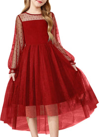 Arshiner Girls Dresses Contrast Mesh Long Sleeve Twirly High Low Birthday Party Formal Dress
