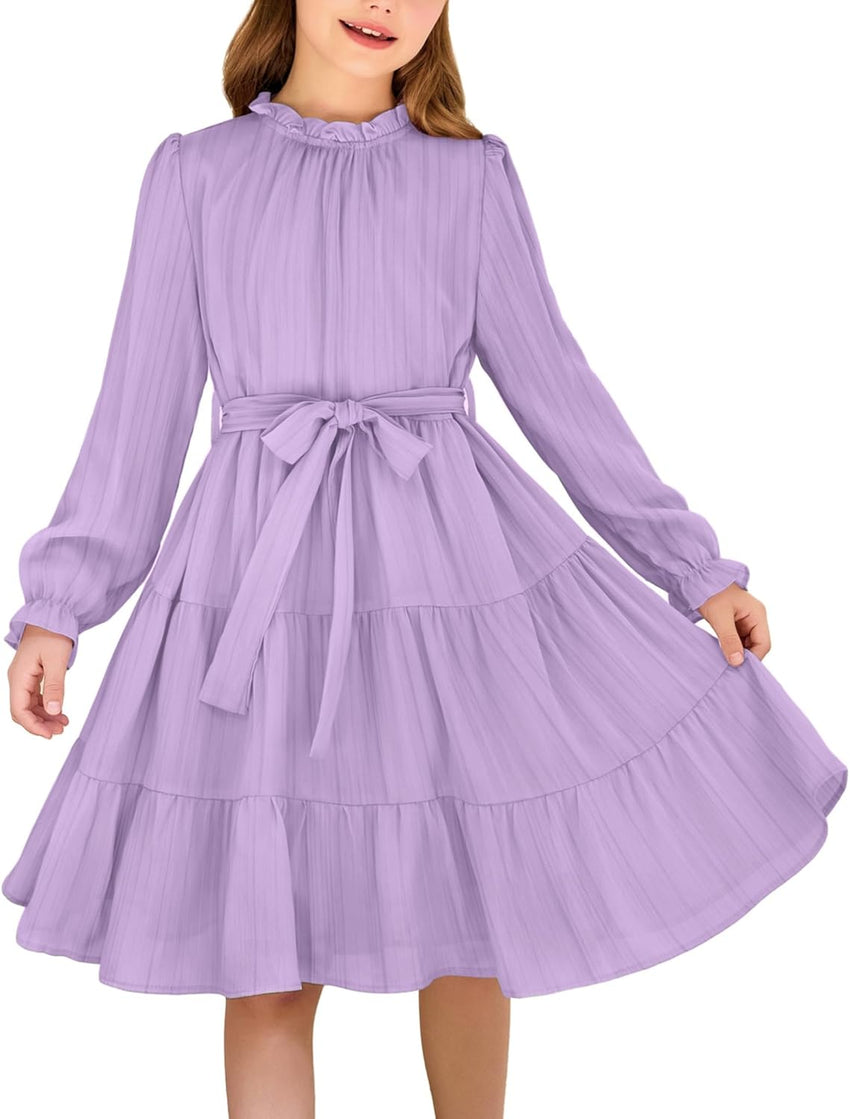 Arshiner Girls Long Sleeve Dress Tween Fall Formal Party Holiday Midi Tiered Flowy Swing Dresses with Belt 5-13 Y