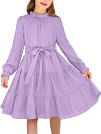 Arshiner Girls Long Sleeve Dress Tween Fall Formal Party Holiday Midi Tiered Flowy Swing Dresses with Belt 5-13 Y