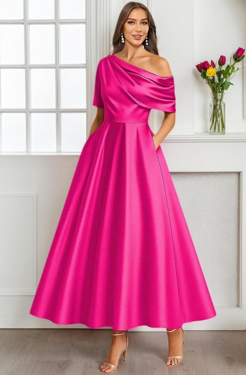 Tea Length Mother of Bride Dresses for Women Satin One Shoulder Wedding Guest Dress Formal Evening Party Gown with Pocket