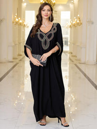 Women V Neck Embroidery Kaftan Dress Loose Casual Beach Cover Up Long Caftans Maxi Dresses