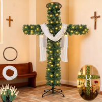 Christmas Tree Shaped Like a Cross, Foldable Cross Christmas Tree, Pre-Lit Artificial Pine Christmas Cross, with Light String, White Scarves and Wooden Rattan Ring, Large Christmas Decorations(5ft)
