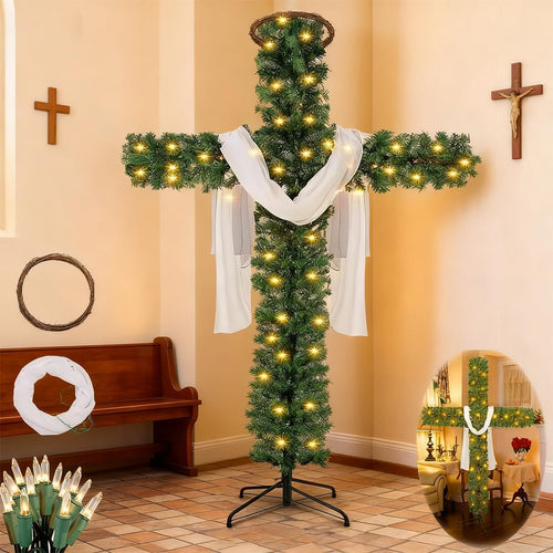 Christmas Tree Shaped Like a Cross, Foldable Cross Christmas Tree, Pre-Lit Artificial Pine Christmas Cross, with Light String, White Scarves and Wooden Rattan Ring, Large Christmas Decorations(5ft)