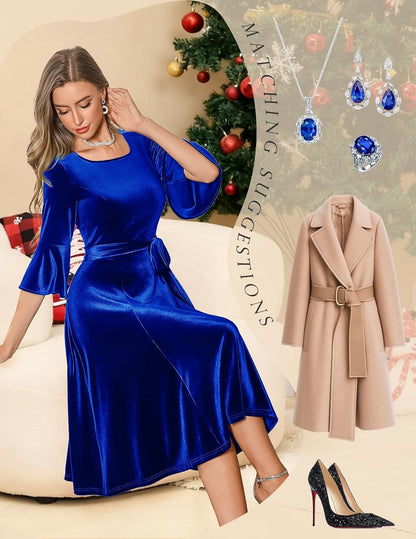 HomRain Women's Long Sleeve Velvet Midi Dresses for Wedding Guest Church Formal Winter Christmas Cocktail Party