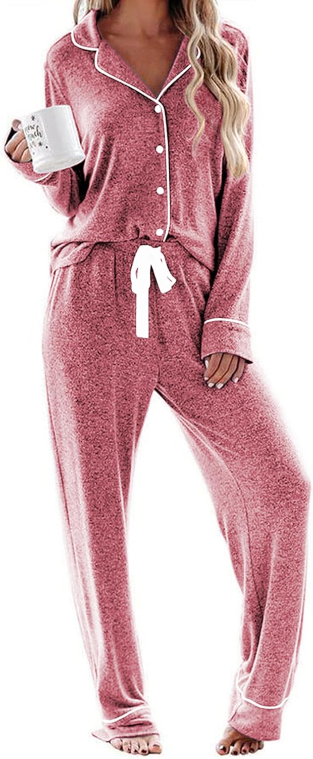 Ekouaer Women's Pajamas Long Sleeve Sleepwear Casual Button Down Loungewear Soft Pjs Set S-XXL