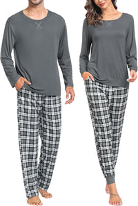 SWOMOG Couples Pajama Sets Women & Men Long Sleeve Sleepwear Top Plaid Pants Loungewear Set with Pockets