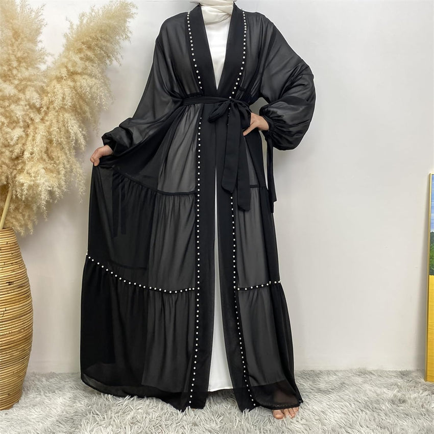 Abayas For Women Muslim Ramadan Long Sleeve Open Front Imitation Pearls Tiered Chiffon Dress Cardigan with Belt Dubai Kaftan