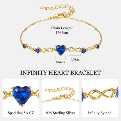 G&GEMSJEW Infinity Heart Birthstone Bracelets for Women, 925 Sterling Silver Women Charm Link Bracelet Adjustable, Birthday Anniversary Christmas Jewelry Gifts for Women Wife Mom Girlfriend Her