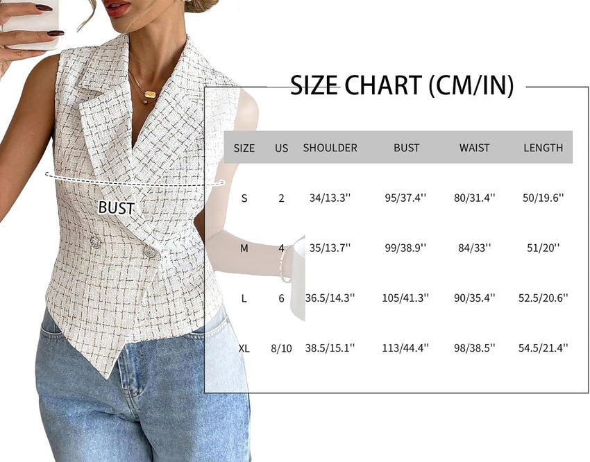 Mina Self 2025 Womens Summer Tweed Plaid Vest Tops Sleeveless Lightweight Crop Double Breasted Work Jacket