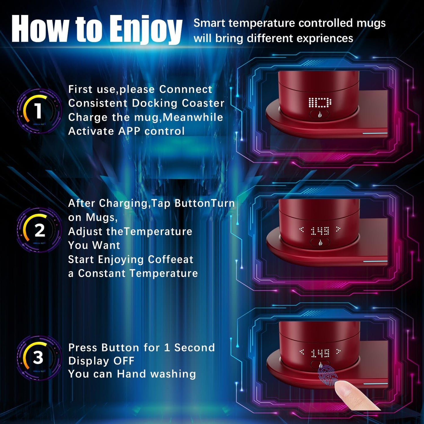 Smart Self Heating Coffee Mug 18 Oz Temperature Control Heated Coffee Mug App Controlled Warmer Mug 5-10 Hour LED Display Keep Coffee Hot All Day Fast Wireless Charger Base Rogue red