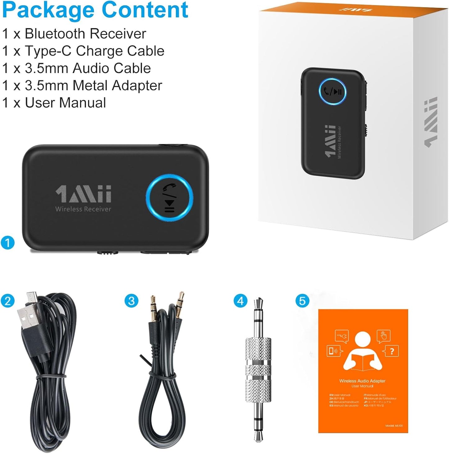 1Mii Bluetooth 5.3 Music Receiver for Car/Home Stereo, Aux Bluetooth Adapter for Car with Volume Control Supports Hands Free Calls, 16H Battery Life