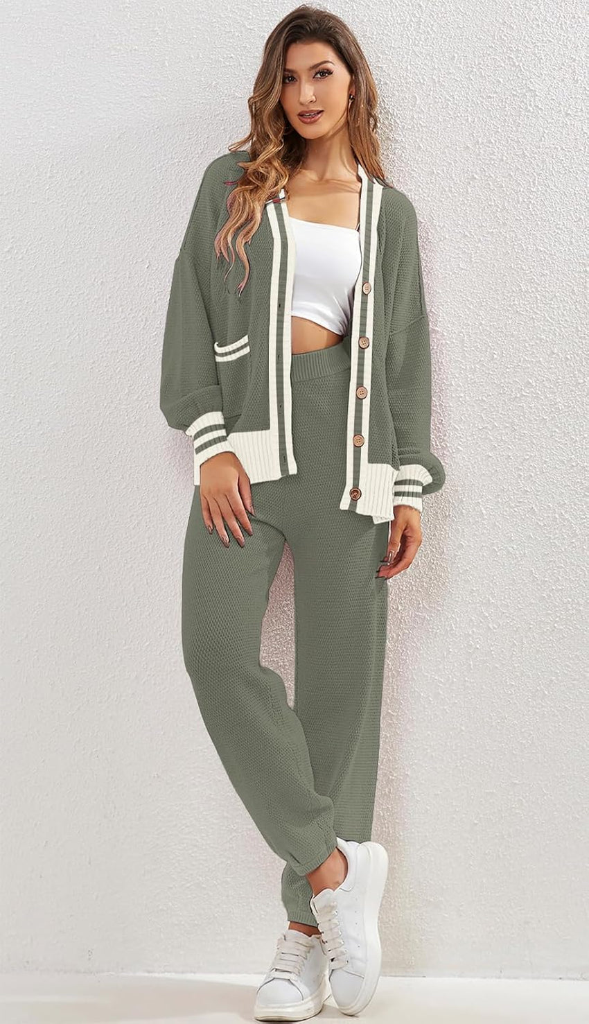 Women's 2 Piece Outfit Lounge Set Trendy Cardigan Sweater Pants Sets V Neck Button Pocket Knit Matching Loungewear