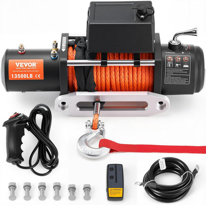 VEVOR 13,500 lb Electric, Truck Winch 12V DC 3/8 in x 80 ft Synthetic Rope Aluminum Fairlead Wireless & Wired Remote Control, 13500 lbs, IP55 Waterproof Towing for Off Road Jeep SUV Boat
