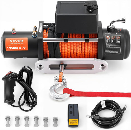 VEVOR 13,500 lb Electric, Truck Winch 12V DC 3/8 in x 80 ft Synthetic Rope Aluminum Fairlead Wireless & Wired Remote Control, 13500 lbs, IP55 Waterproof Towing for Off Road Jeep SUV Boat