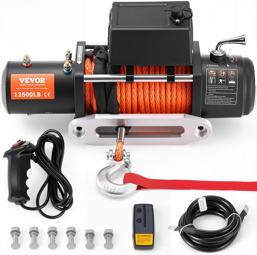 VEVOR 13,500 lb Electric, Truck Winch 12V DC 3/8 in x 80 ft Synthetic Rope Aluminum Fairlead Wireless & Wired Remote Control, 13500 lbs, IP55 Waterproof Towing for Off Road Jeep SUV Boat