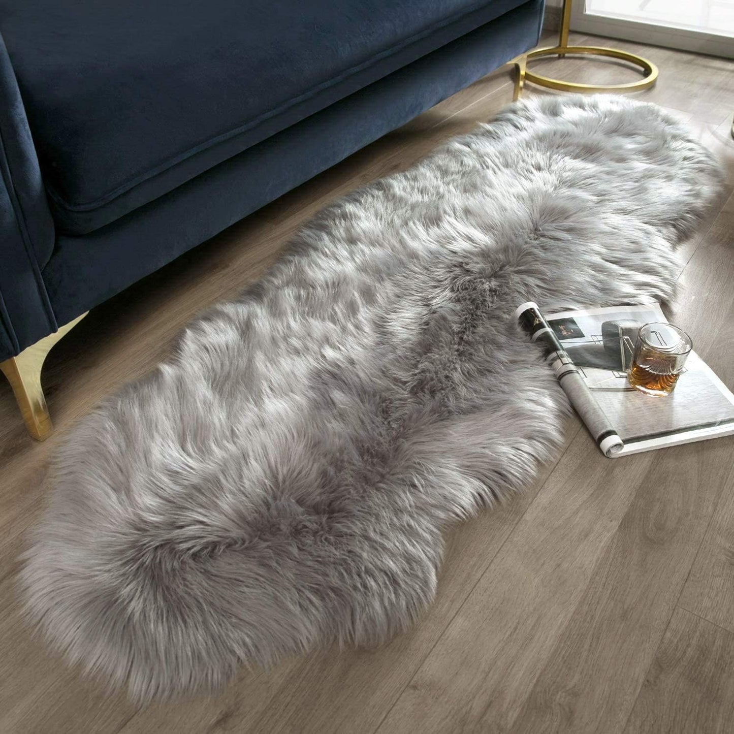 Ashler Faux Fur Rug, Dark Blue Area Rugs, Fluffy Sheepskin Fur Rug, Fuzzy Ultra Soft 2 x 6 Ft Rugs, Machine Washable Shag Rug, Nursery Throw Rugs for Bed, Living, Kids Room