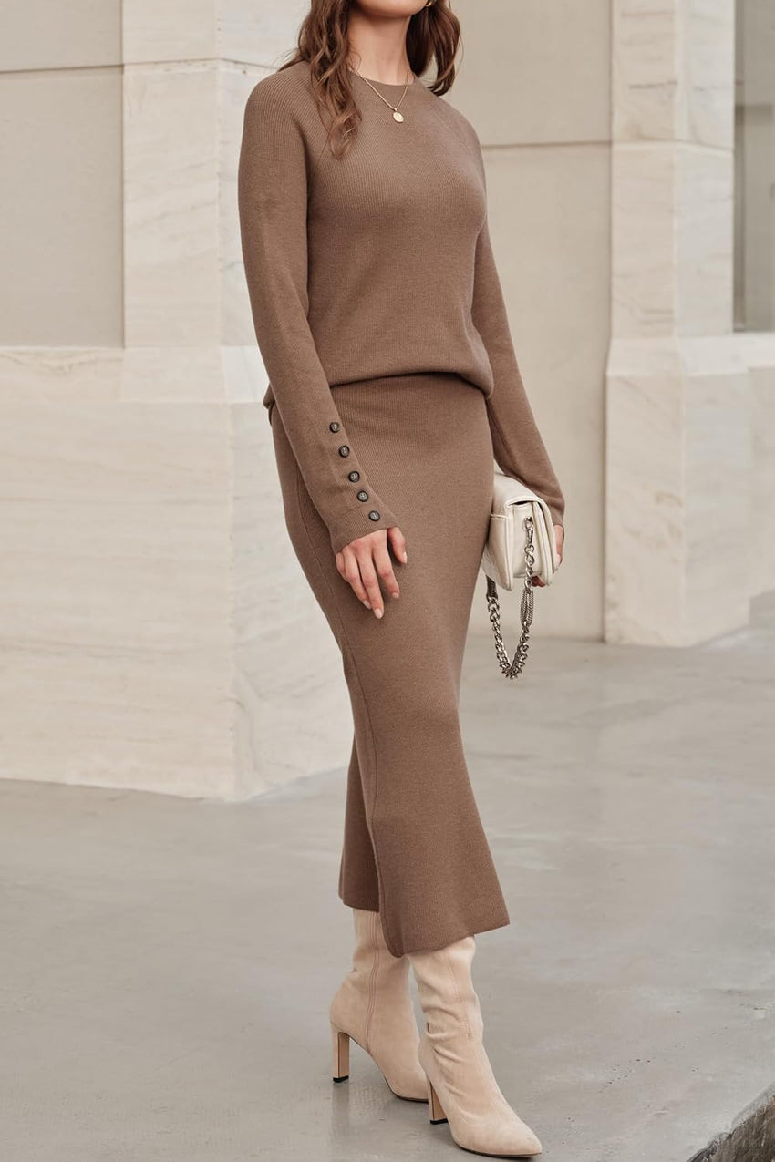 Arach&Cloz Women's Wool Blend Sweater 2 Piece Sets Winter Business Long Sleeve Top Midi Skirts Outfits 2025