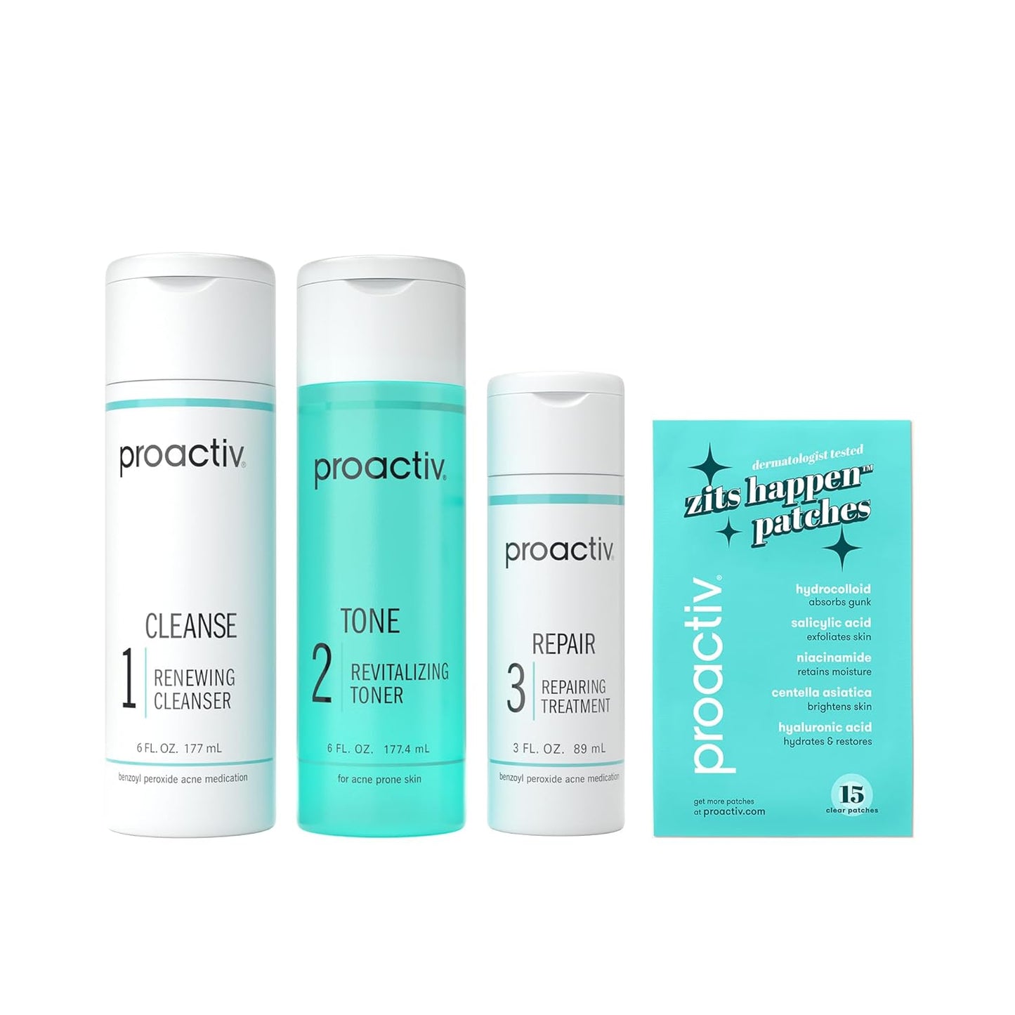 Proactiv 3 Step Acne Treatment - Benzoyl Peroxide Face Wash, Repairing Acne Spot Treatment for Face and Body, Exfoliating Toner - 30 Day Complete Acne Skin Care Kit