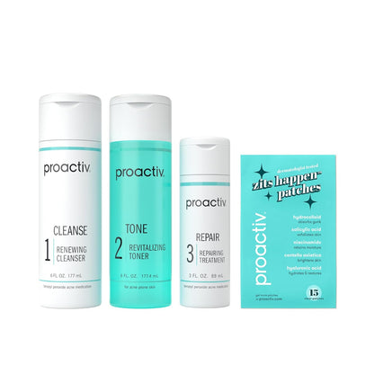 Proactiv 3 Step Acne Treatment - Benzoyl Peroxide Face Wash, Repairing Acne Spot Treatment for Face and Body, Exfoliating Toner - 30 Day Complete Acne Skin Care Kit