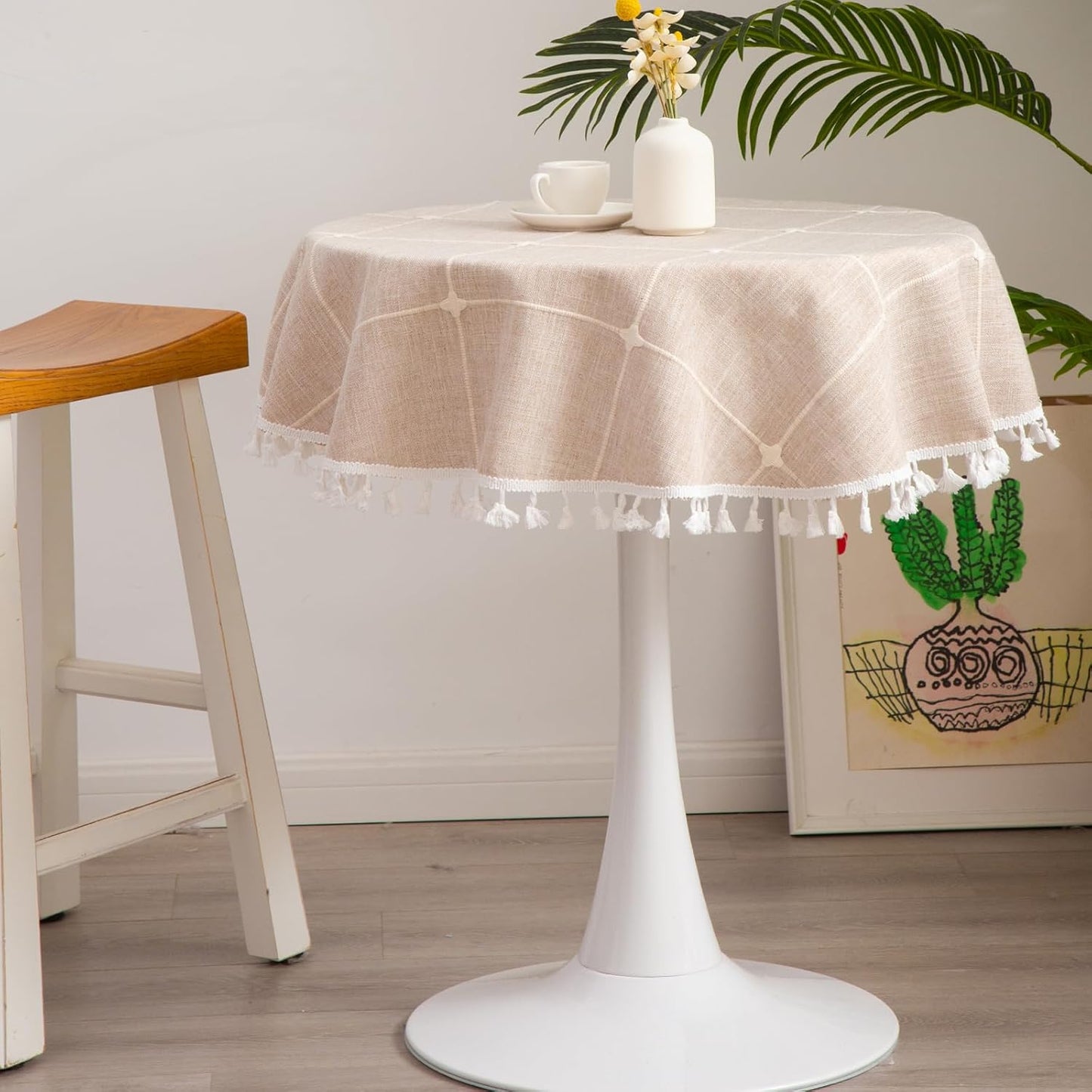 Square Lattice Small Tablecloth Cotton Linen Light Brown Dust-Proof Washable Boho Embroidery Table Cover Rustic Table Cloth for Coffee Party Kitchen Dining Tabletop Decoration 36 x 36 Inch