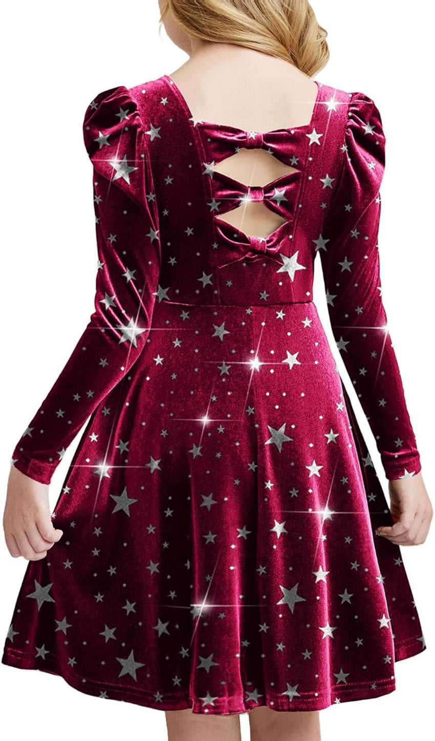 Arshiner Girls Long Sleeve Dress Velvet Crew Neck Bow Back Holiday Party Dresses with Pockets