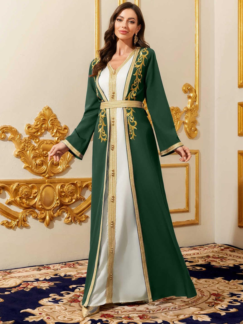 Elegant Muslim Dress with Gold Embroidered Evening Gown, Traditional Islamic Attire