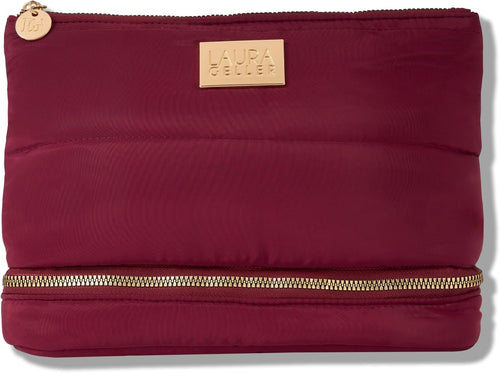 LAURA GELLER NEW YORK Quilted Makeup Bag with Brush Case, Burgundy - Toiletry Bag Organizer for Travel - Large Capacity Full Size Makeup Bag - Easy to Clean