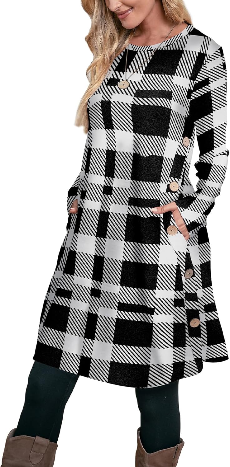 OFEEFAN Fall and Winter Tunic Dress with Pockets Long Sleeve Crew Neck Buttons Side