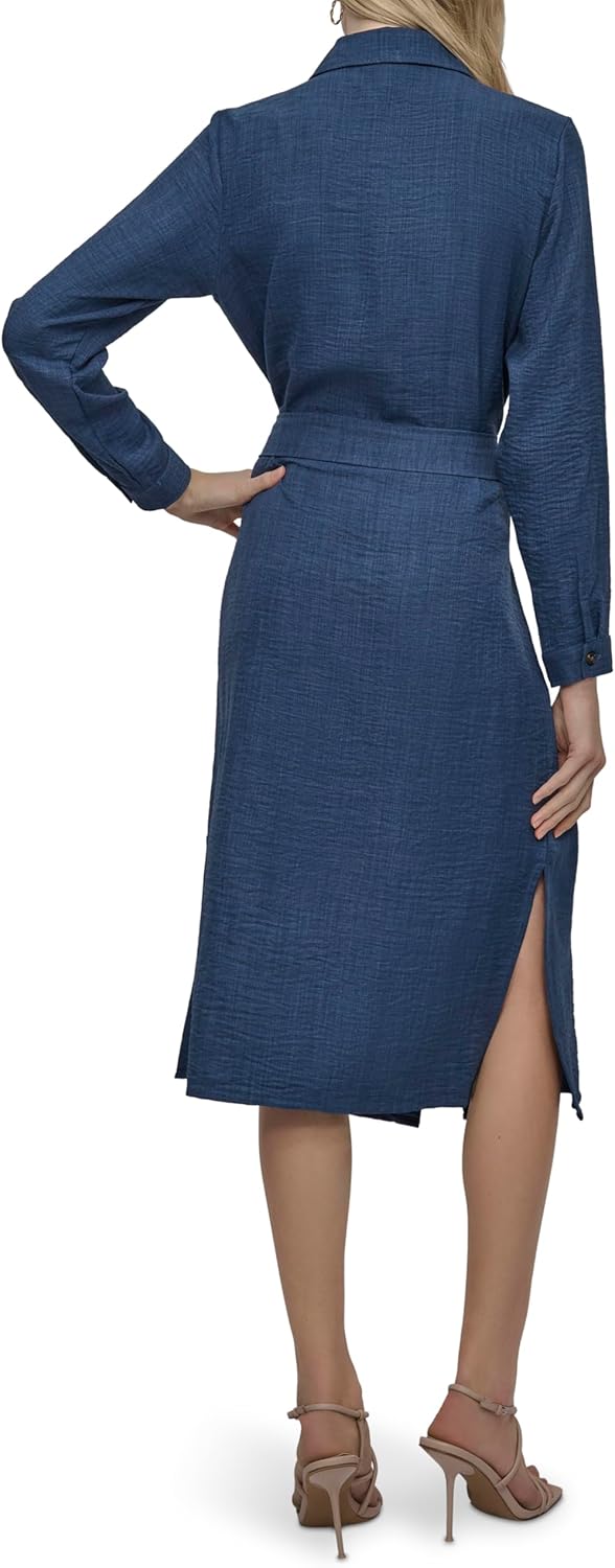 DKNY Womens Long Sleeve Collared Tie Midi Shirtdress