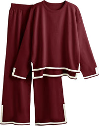 Tanming Women's 2 Piece Outfits Long Sleeve Knit Sweater Top Wide Leg Pants Lounge Sets Tracksuits